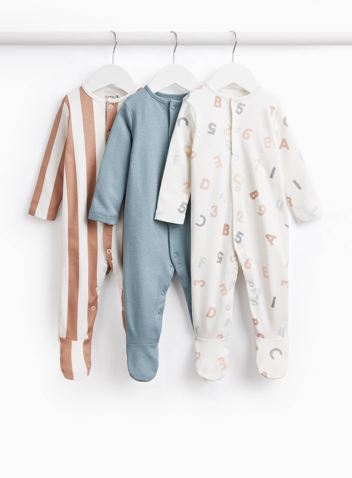 Numbers & Stripe Print Sleepsuits 3 Pack 9-12 months - Image 1